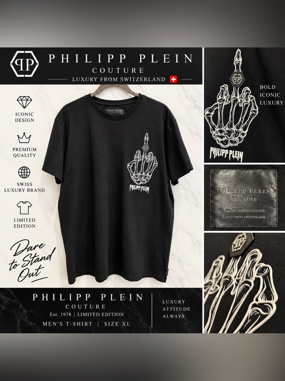 Lt. Ed. Philipp Plein Couture Black  T-Shirt White Skeleton Hand Graphic
